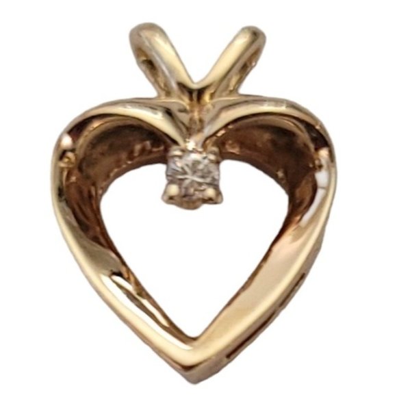 14K Yellow Gold Diamond Chip Open Heart Pendant E242 - Picture 2 of 14